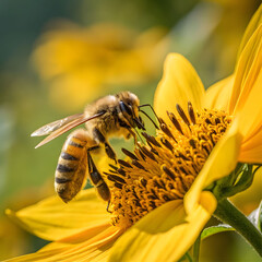 Naklejka premium Honeybee on sunflower with vivid yellow petals in soft morning light