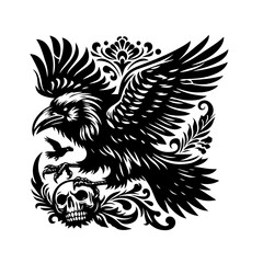 Obraz premium Detailed illustration of a raven isolated on white background, perched on skull