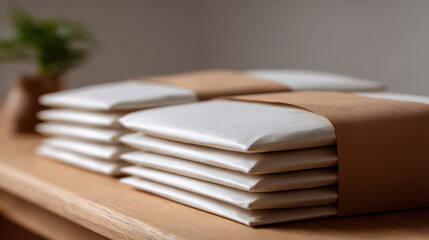 Stack of white envelopes with brown paper bands on wooden table for mail sorting in calm setting