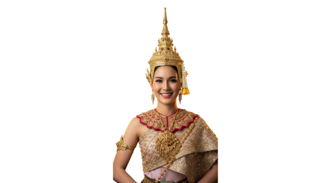 Portrait, Cinematic, High-resolution, Professional,Thai woman, Beautiful, Graceful,Waist-up, facing forward, big smile showing teeth,Thai Chakkri dress, Go