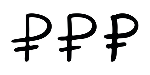 Set of hand drawn russian ruble currency symbol. Brush stroke doodle. Single element for design