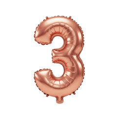 A large, inflated, luxurious rose gold Mylar foil balloon shaped like number '3', reflective metallic sheen, isolated on a transparent studio background with bright, shadowless lighting, UHD