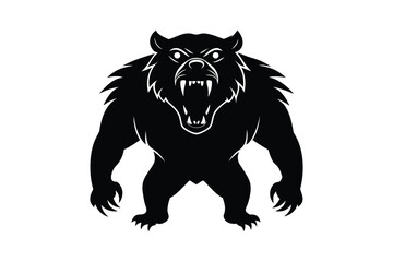 Black silhouette art illustration front view of a snarling bear standing on hind legs.eps