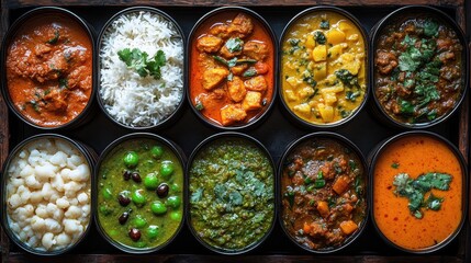 Tray of different types of food including rice beans and vegetables indian food food background
