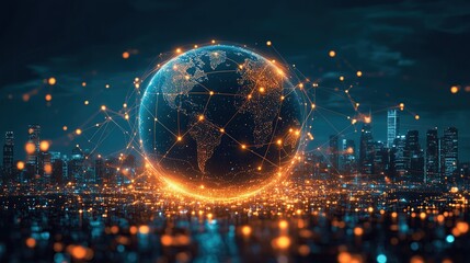 Obraz premium Digital Illustration of Global Network Connectivity with City Links and Internet Exchange Nodes