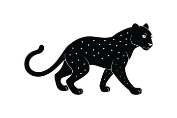 Black silhouette art illustration of a crouching cheetah with tail curved upward.eps