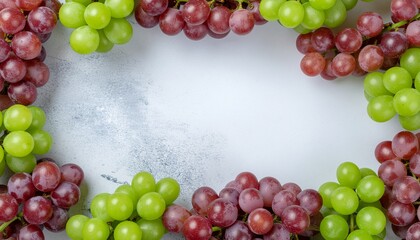 A top-down view of fresh red and green grapes forming a border around a light-colored surface.