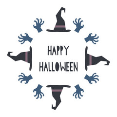 Halloween Frame with Witch Hat and Zombie Hands Vector Illustration. Perfect for festive decoration designs.