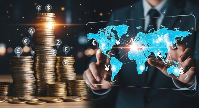 Global finance and fintech concept with a businessman managing currency exchange (Dollar, Euro, Yen, Pound) on a virtual world map interface.