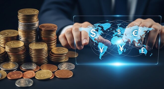 Global finance and fintech concept with a businessman managing currency exchange (Dollar, Euro, Yen, Pound) on a virtual world map interface. - Powered by Adobe