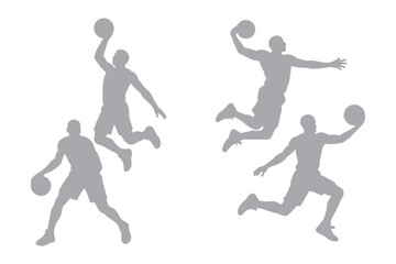 Big set of black vector silhouette basketball player isolated on white