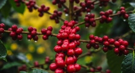 Red coffee cherries with water droplets after rain.

