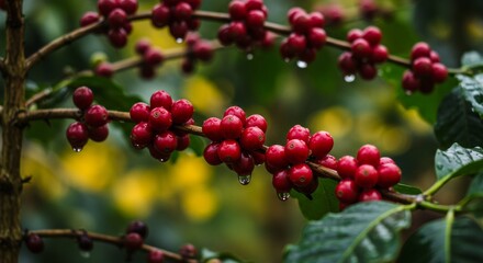 Obraz premium Red coffee cherries with water droplets after rain.