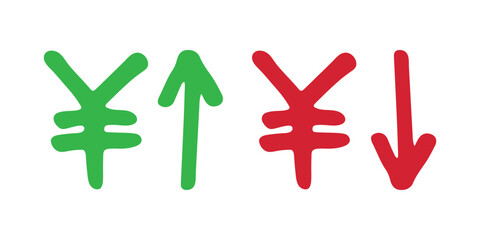 Hand drawn yen currency symbol Growth and fall profit with arrow up and down Brush stroke doodle Element for design