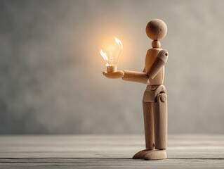 Wooden figure holding glowing light bulb in a creative workspace