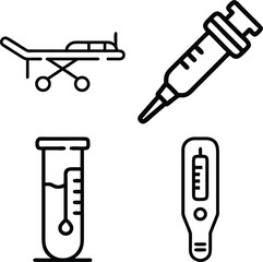 A collection of four simple black and white line art icons representing medical equipment including a stretcher, syringe, test tube, and thermometer.