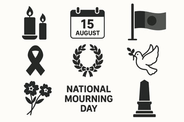 Obraz premium National Mourning Day vector set with black ribbon, candles, half-mast flag, wreath, and memorial symbols.