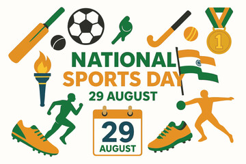 National Sports Day vector set with sports equipment, medals, Olympic torch, and athlete icons in flat style.