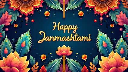  "Traditional Janmashtami greeting poster with intricate rangoli border, blue and gold theme, divine flute and butter pot illustration, and ‘Happy Janmashtami’