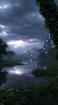 Dark Moody Landscape with Futuristic Wreckage at Twilight