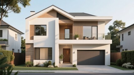 Modern new residential architecture with a stylish facade and large windows under a clear sky