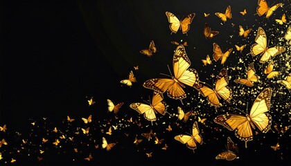 Golden butterflies flying on black background