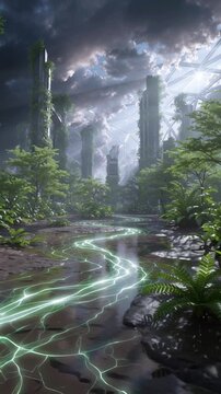 Overgrown Post Apocalyptic Cityscape with Glowing Stream