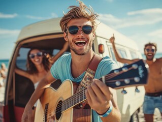 Musicians enjoying a beach party with friends at sunset
