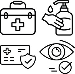 A collection of four line art icons representing a first aid kit, hand sanitizer, health insurance card, and an eye examination.