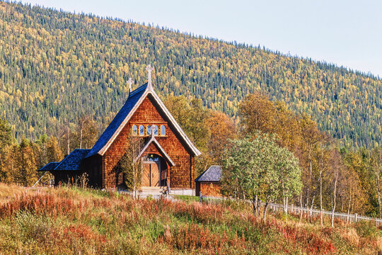 Wooden church in Kvikkjokk in the north of Sweden