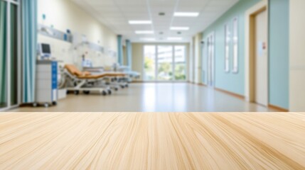 Fototapeta premium Empty wooden table hospital hallway blurred background