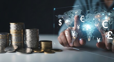 Global finance and fintech concept with a businessman managing currency exchange (Dollar, Euro, Yen, Pound) on a virtual world map interface.