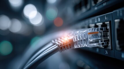A close-up of an Ethernet cable connected to a network port, illuminated by soft bokeh lights in the background, showcasing technology and connectivity.