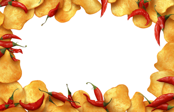 Chili-flavored potato chips with a frame border isolated on a transparent background