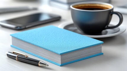 Light blue book, coffee cup, pen, and phone on a desk