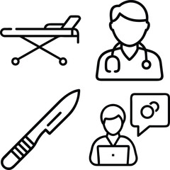 A collection of four medical-themed line art icons representing a doctor, a patient stretcher, a surgical scalpel, and a patient interacting with a computer.