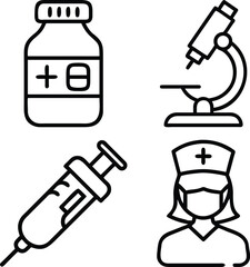 A collection of four simple line art icons representing medical concepts including a vaccine vial, microscope, syringe, and a masked nurse.