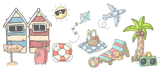 Summer illustration with beach, sea, summer play, sun, fly, fruit. Holiday party.
