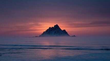 Misty island peak at sunrise