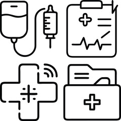 A collection of four simple line art icons depicting medical equipment, patient records, and digital health symbols.