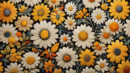 Fototapeta premium A vibrant seamless pattern of blooming yellow daisies, sunflowers, and chamomile flowers, evoking a beautiful summer garden