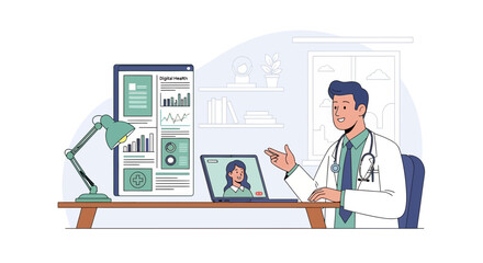 Doctor Giving Telemedicine Consultation Using Laptop and Digital Tablet
