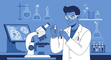 Scientist Working In Modern Laboratory With Test Tubes And Microscope
