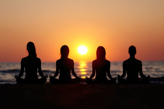 Group in tree pose at sunset, Practicing yoga outdoors, Balance and focus theme
