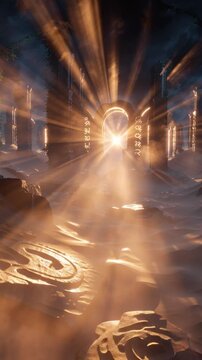 Sunlit Ruins: Golden Light Rays in Ancient Stone Archway