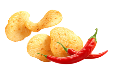 yellow potato chips and red chili peppers isolated on a transparent background