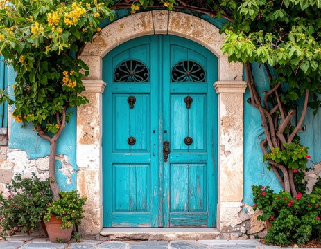 Vintage Wooden Door with Peeling Turquoise Paint - Powered by Adobe