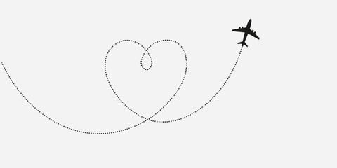 Minimalist vector illustration of airplane flying in heart-shaped path – romantic linear design


