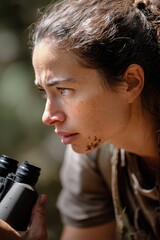 a forest researcher as they peer through binoculars or lean in to examine a rare plant