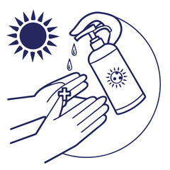 Hands applying sunscreen with a sun symbol on the bottle and a cross on the palm